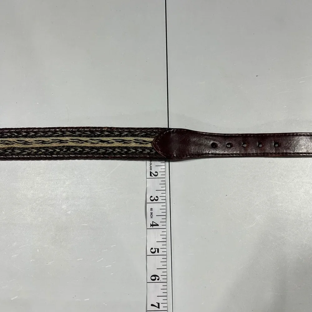 VTG Western Horsehair Inlay Leather Belt Brown Silver Engraved Buckle Mens 34